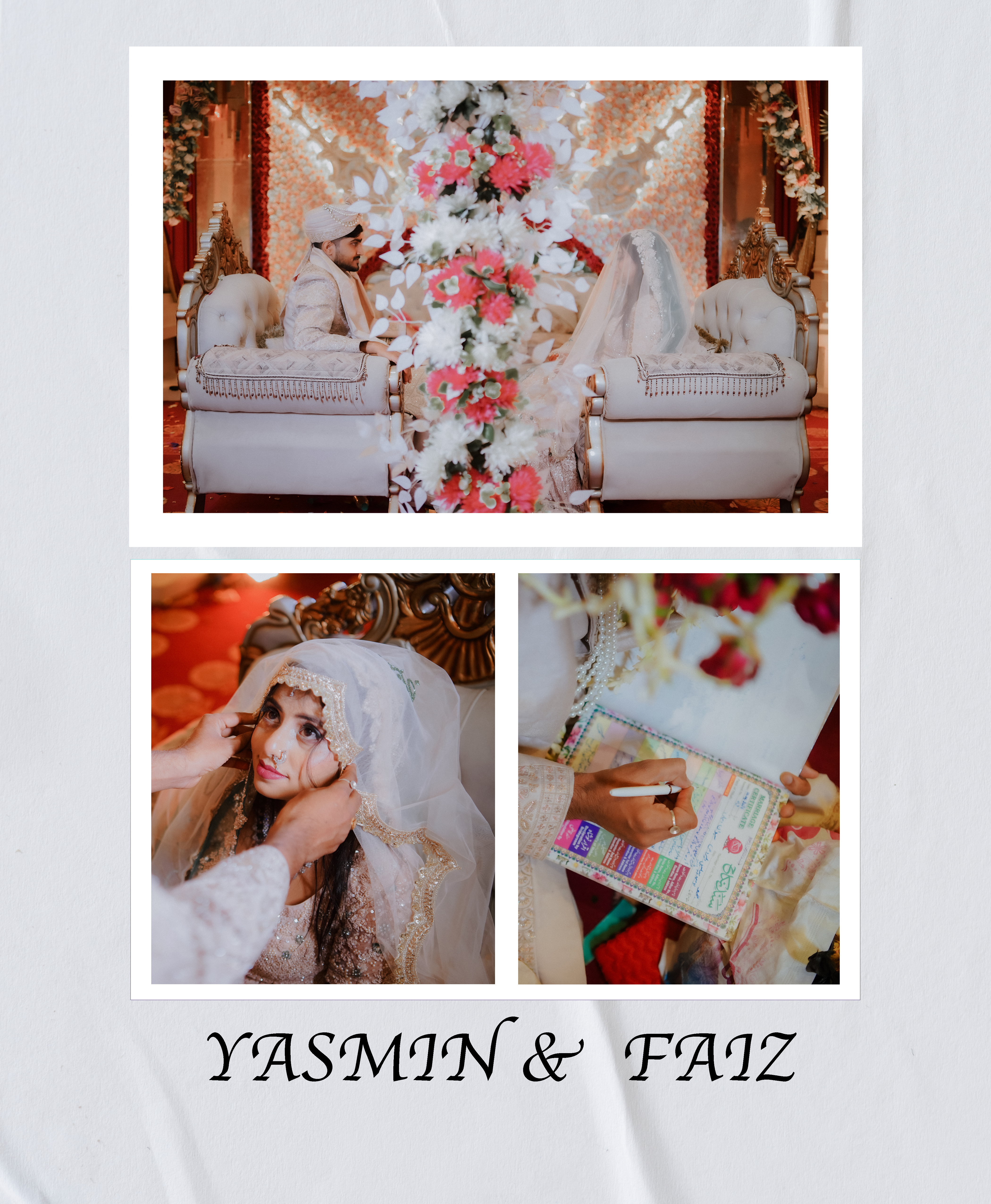 Yasmin and Faiz authentic Nikah ceremony story collage and marriage certificate signing