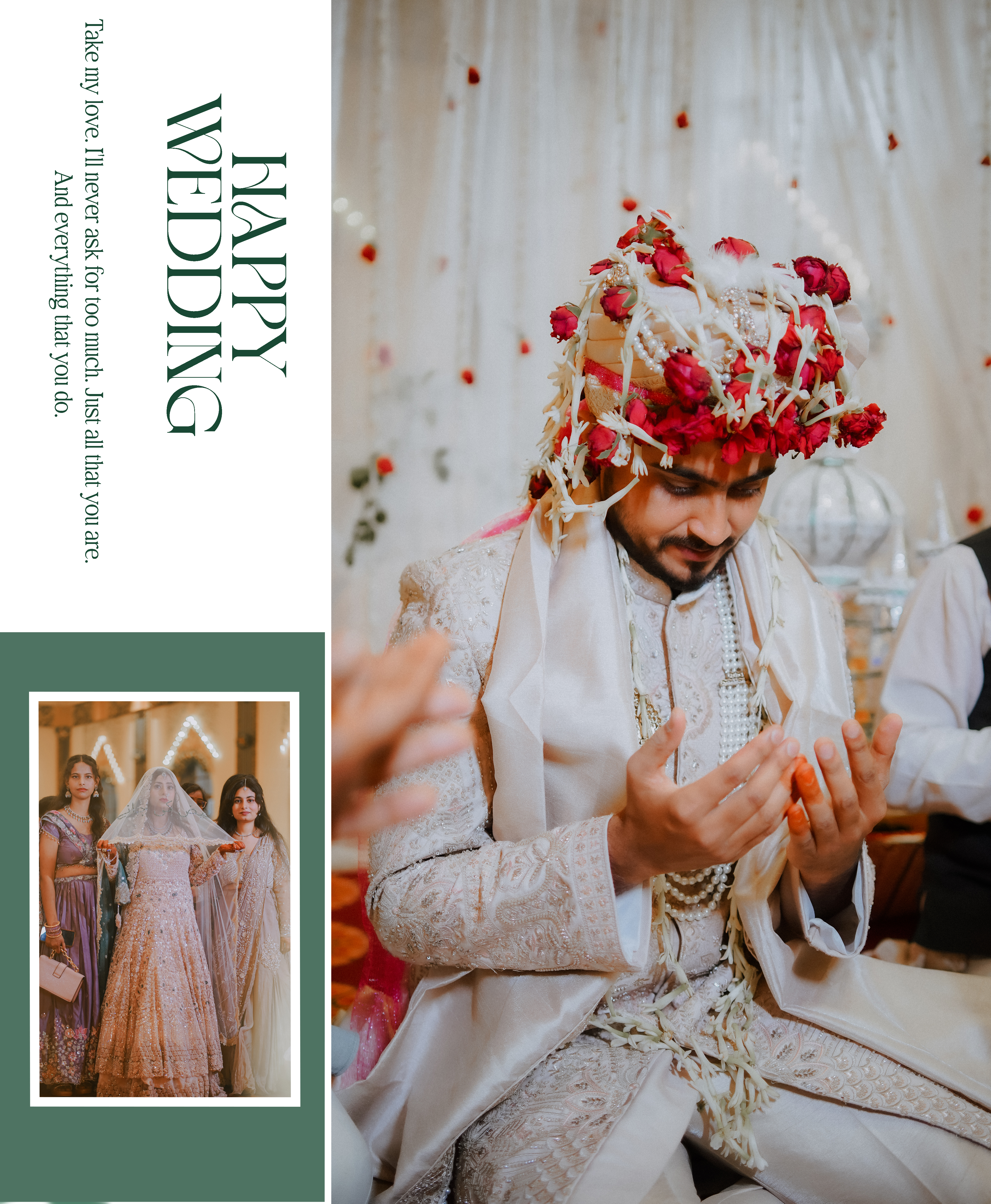 Groom Faiz in floral rose sehra offering heartfelt prayer alongside Bride Yasmin's royal entrance