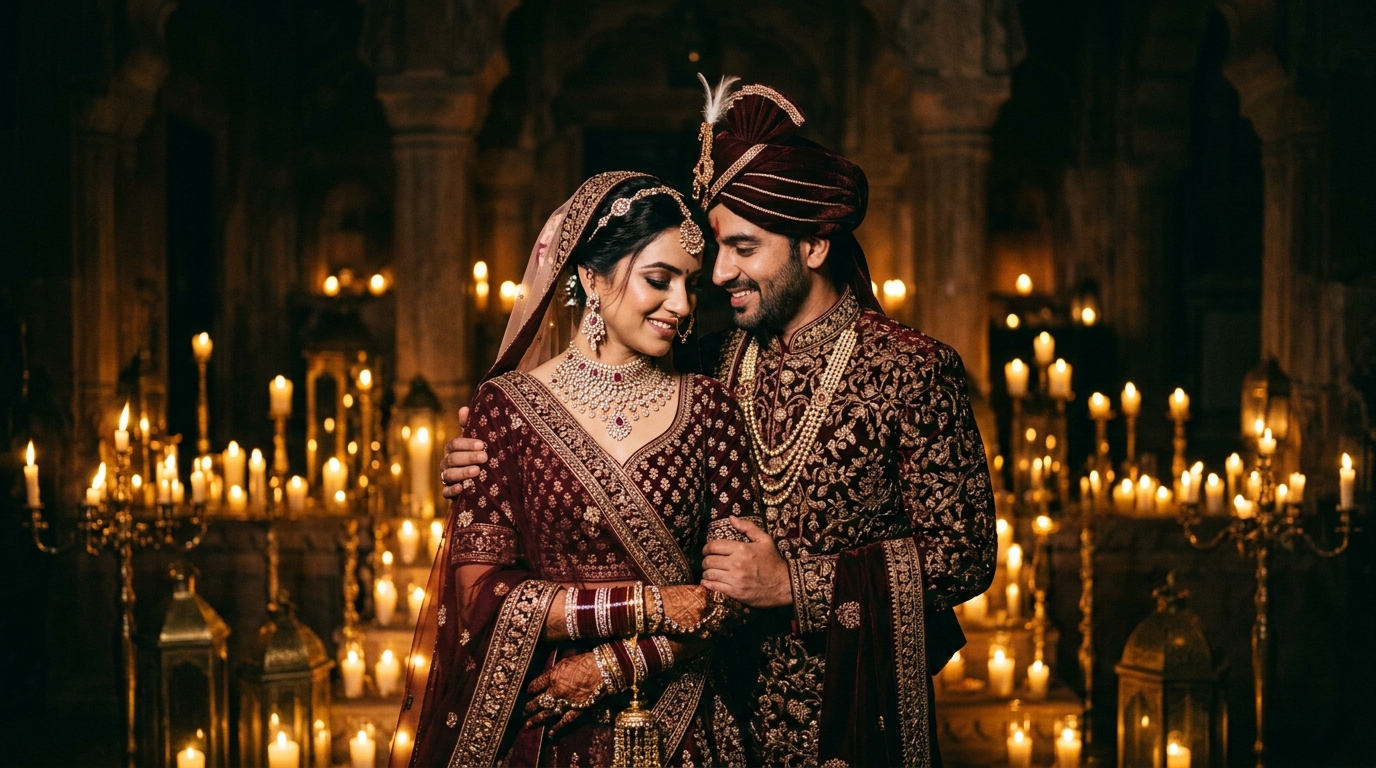 Cinematic luxury royal Indian couple portrait